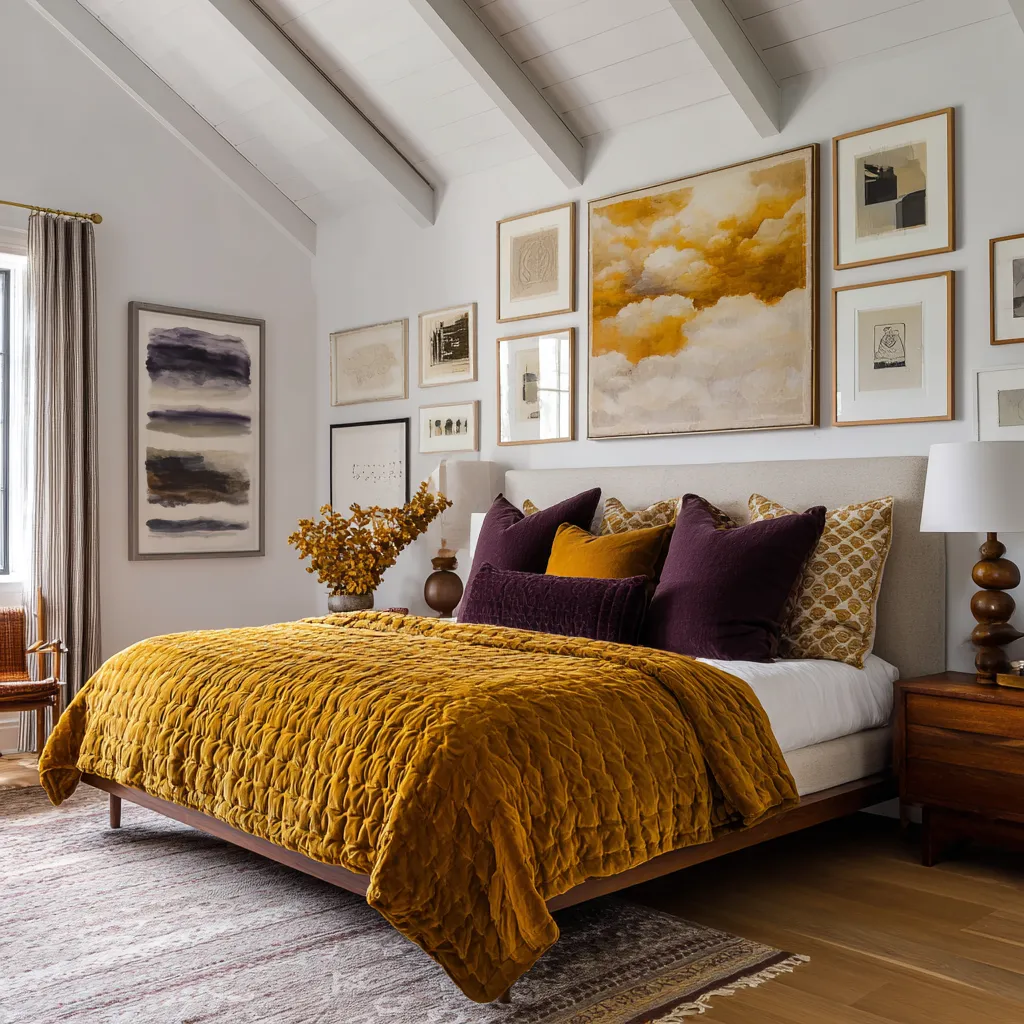 White vaulted eclectic bedroom with exposed beams, a mustard velvet coverlet, aubergine and gold pillows, walnut furniture, turned lamps White vaulted eclectic bedroom with exposed beams, a mustard velvet coverlet, aubergine and gold pillows, walnut furniture, turned lamps
