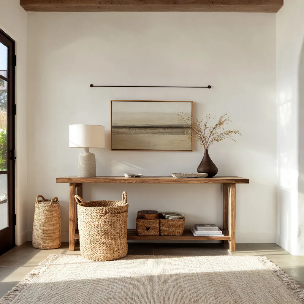 Wide coastal entryway interior design with weathered wood console, horizon-inspired artwork, layered basket storage Wide coastal entryway interior design with weathered wood console, horizon-inspired artwork, layered basket storage