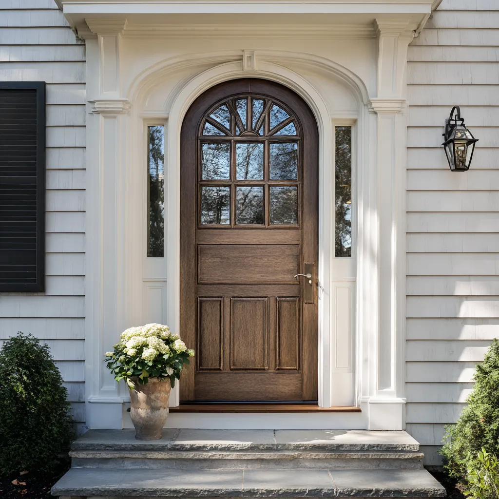 a Cape front entry concept with dark wood arched main door with fanlight-style upper glazing a Cape front entry concept with dark wood arched main door with fanlight-style upper glazing
