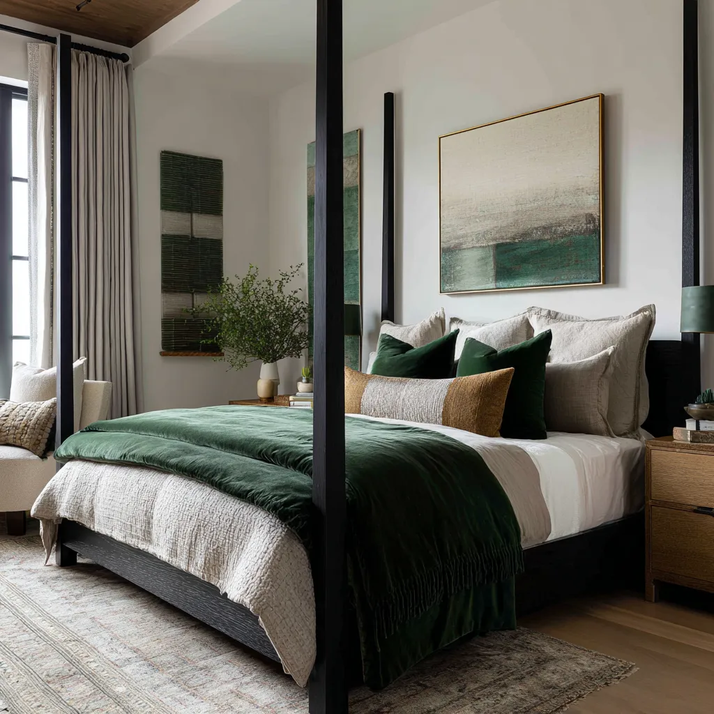 a blackened four-poster bed in a pale room, abstract landscape art above the headboard, emerald velvet pillows and throw a blackened four-poster bed in a pale room, abstract landscape art above the headboard, emerald velvet pillows and throw