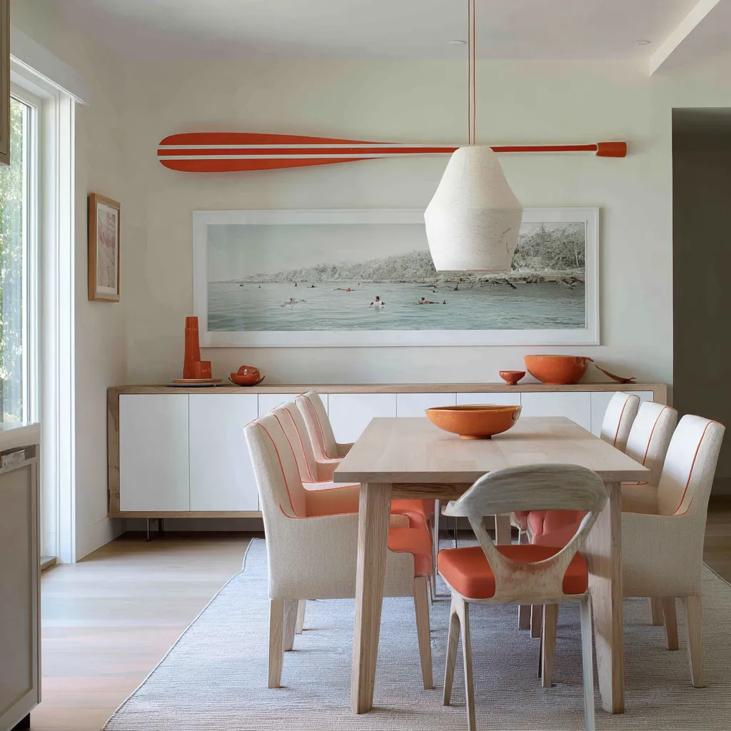 a bold red-orange paddle, panoramic black-and-white swimmers photograph, pale casework as costal dining room decorating ideas a bold red-orange paddle, panoramic black-and-white swimmers photograph, pale casework as costal dining room decorating ideas