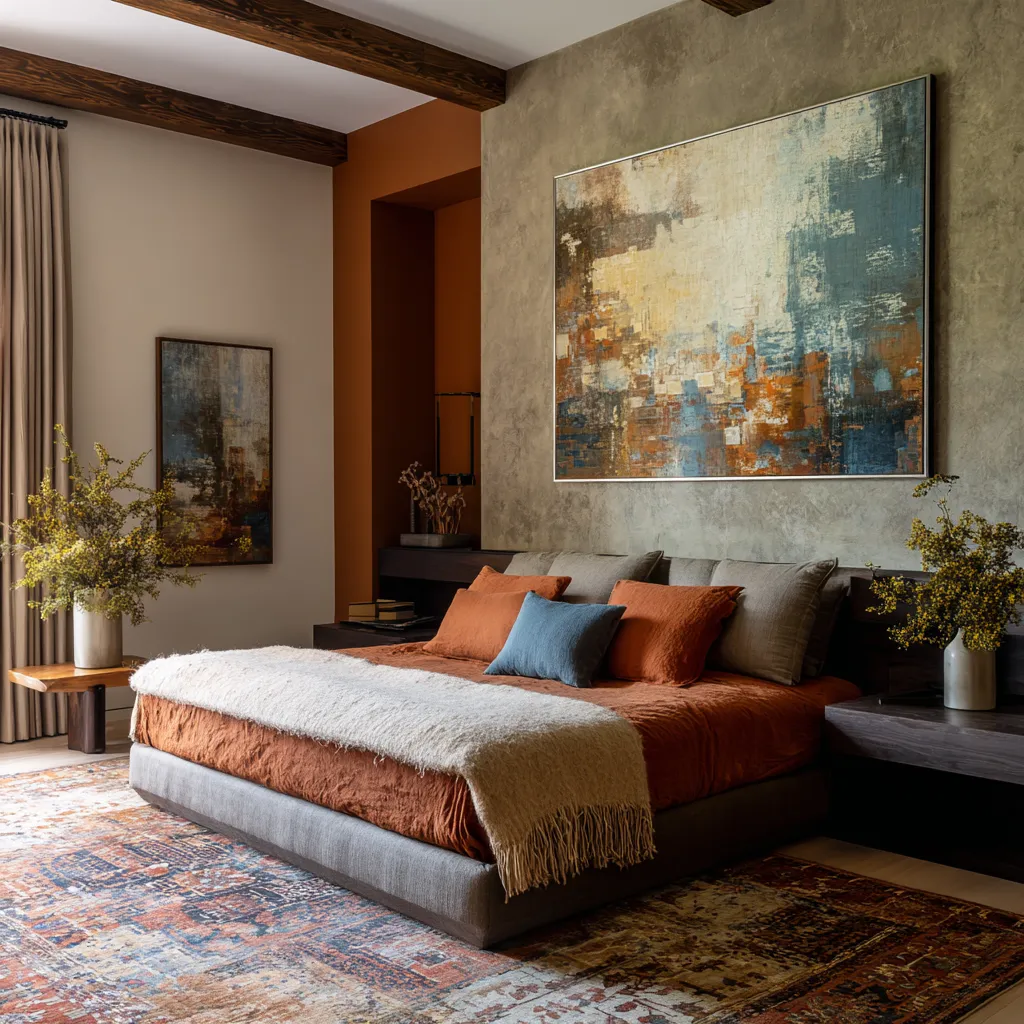 a full-wall dusty teal and terracotta landscape mural, a low pale upholstered platform bed, an apricot-rust pillow band, a long boucle bench a full-wall dusty teal and terracotta landscape mural, a low pale upholstered platform bed, an apricot-rust pillow band, a long boucle bench