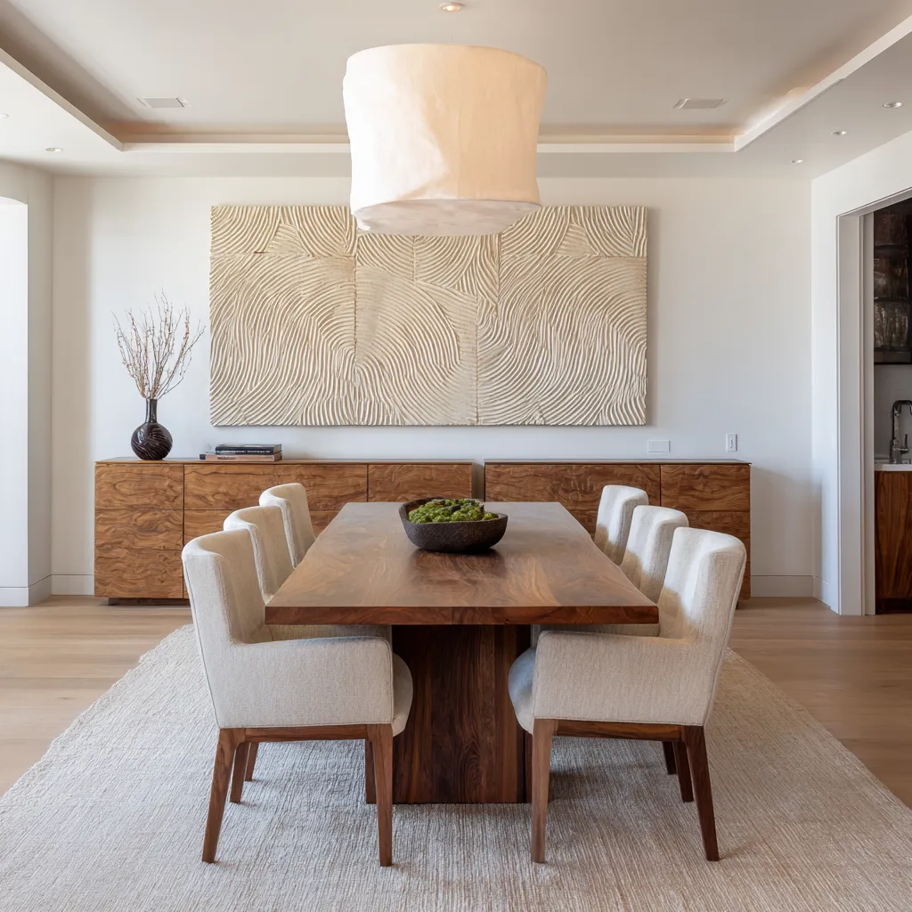 a large carved relief panel, matte fabric pendant, walnut table, matching credenzas, creamy chairs, and restrained branch styling a large carved relief panel, matte fabric pendant, walnut table, matching credenzas, creamy chairs, and restrained branch styling