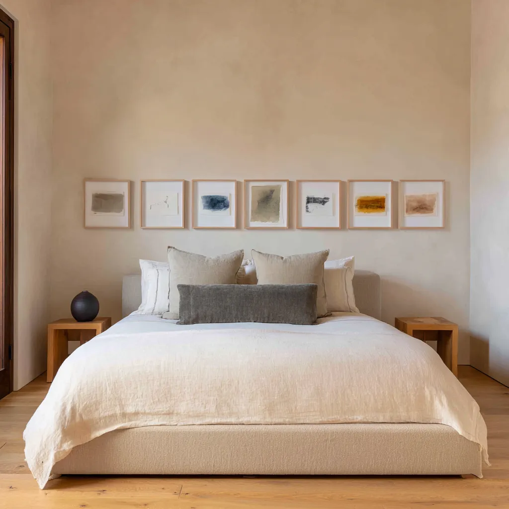 a long single row of seven framed abstract studies with pale wood frames, generous spacing, and muted taupe, blue, ochre, and blush tones a long single row of seven framed abstract studies with pale wood frames, generous spacing, and muted taupe, blue, ochre, and blush tones