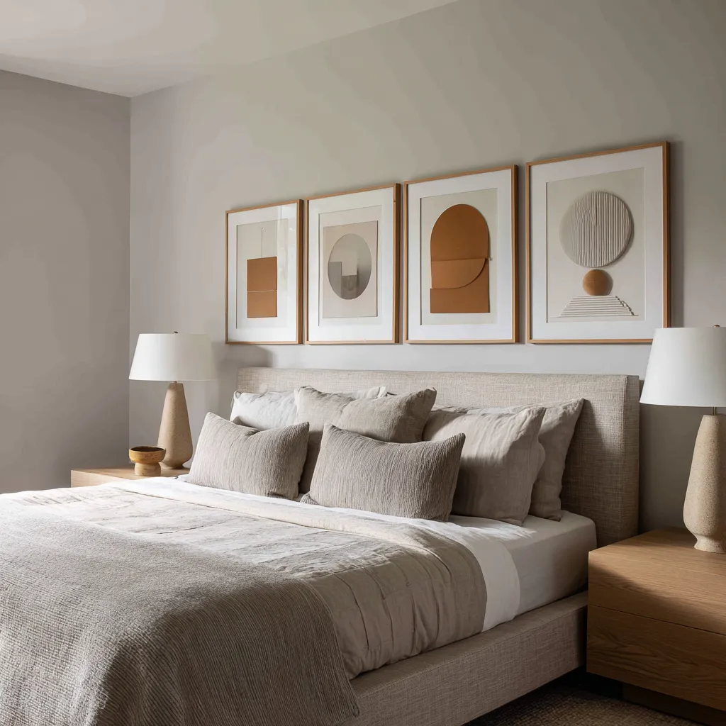 a longer one-row arrangement above the bed, but instead of relying on ordinary two-dimensional prints a longer one-row arrangement above the bed, but instead of relying on ordinary two-dimensional prints