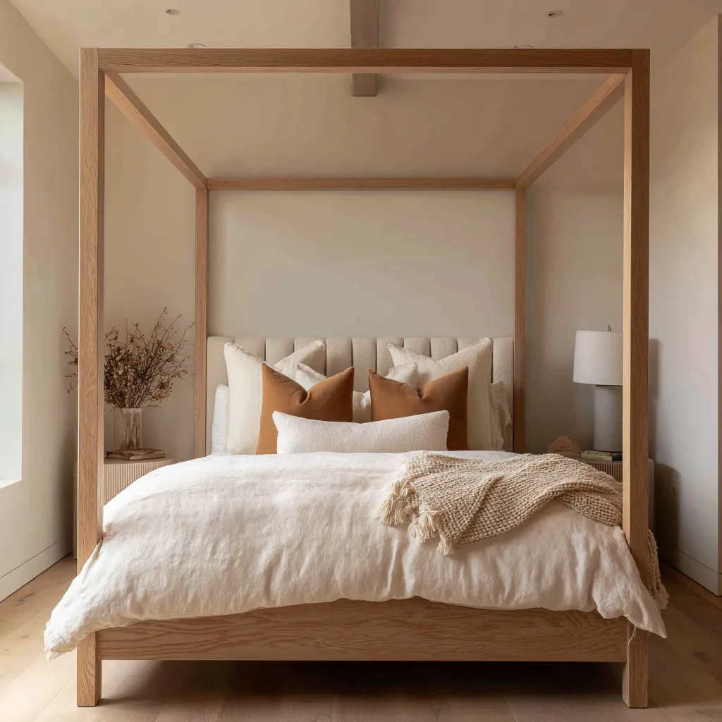 a slim pale wood canopy bed, creamy layered bedding, camel pillows, vertically channeled upholstered headboard