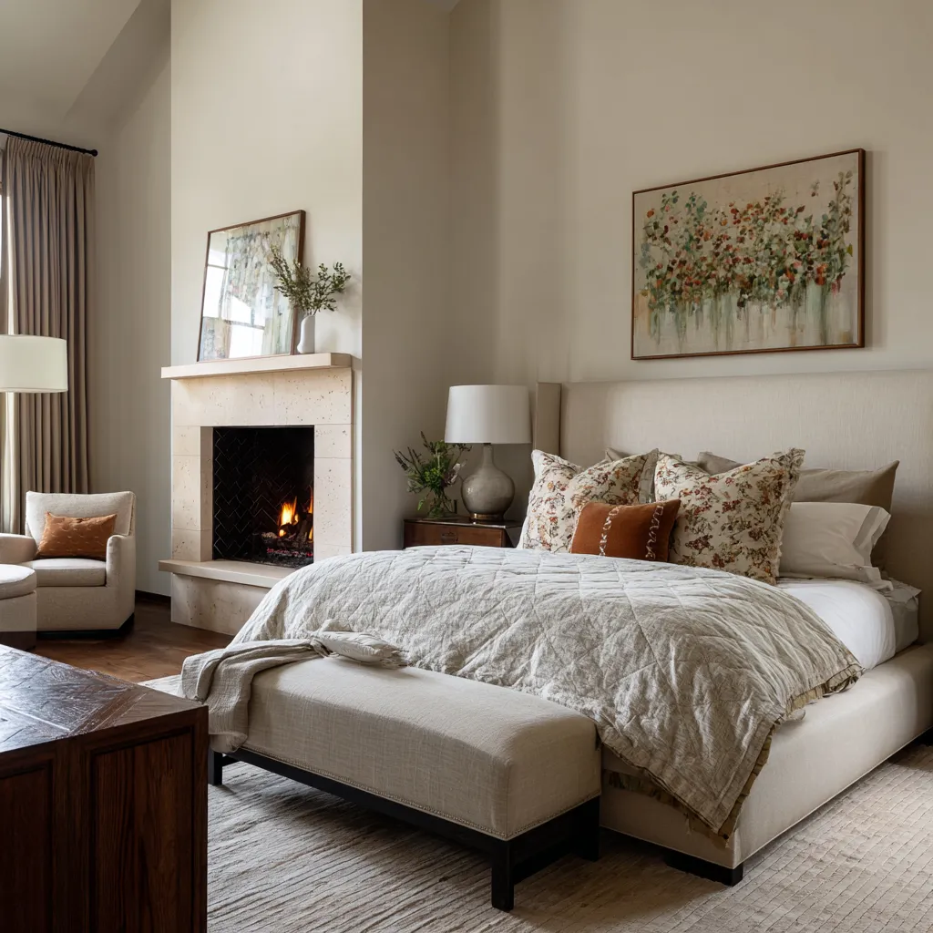 a tall fireplace wall, pale upholstered bed, floral pillows, rust accent cushion, and a small seating area a tall fireplace wall, pale upholstered bed, floral pillows, rust accent cushion, and a small seating area