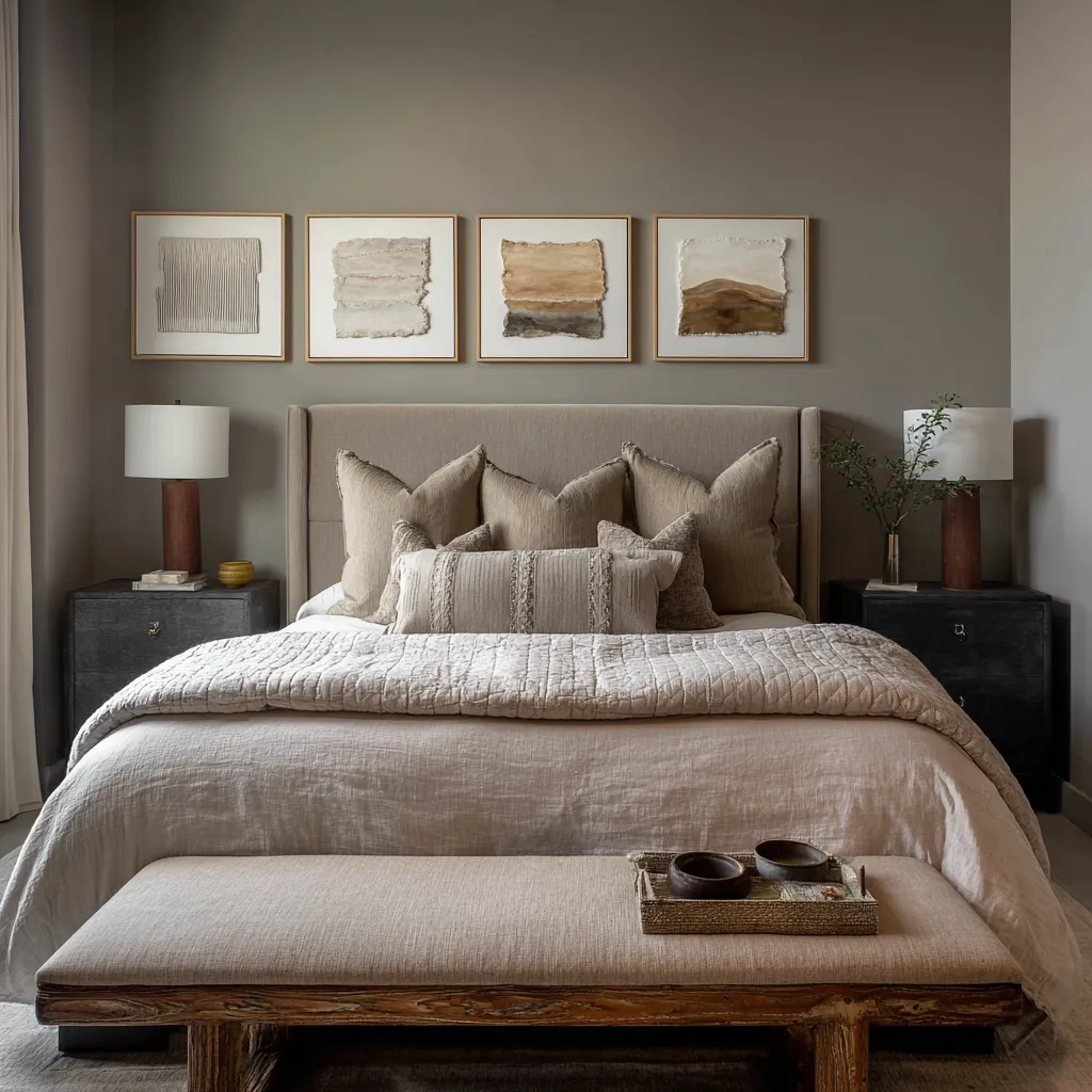 a tall upholstered headboard in a soft taupe textile, and the four artworks are centered above it in a row that occupies the middle portion of the wall rather t a tall upholstered headboard in a soft taupe textile, and the four artworks are centered above it in a row that occupies the middle portion of the wall rather t