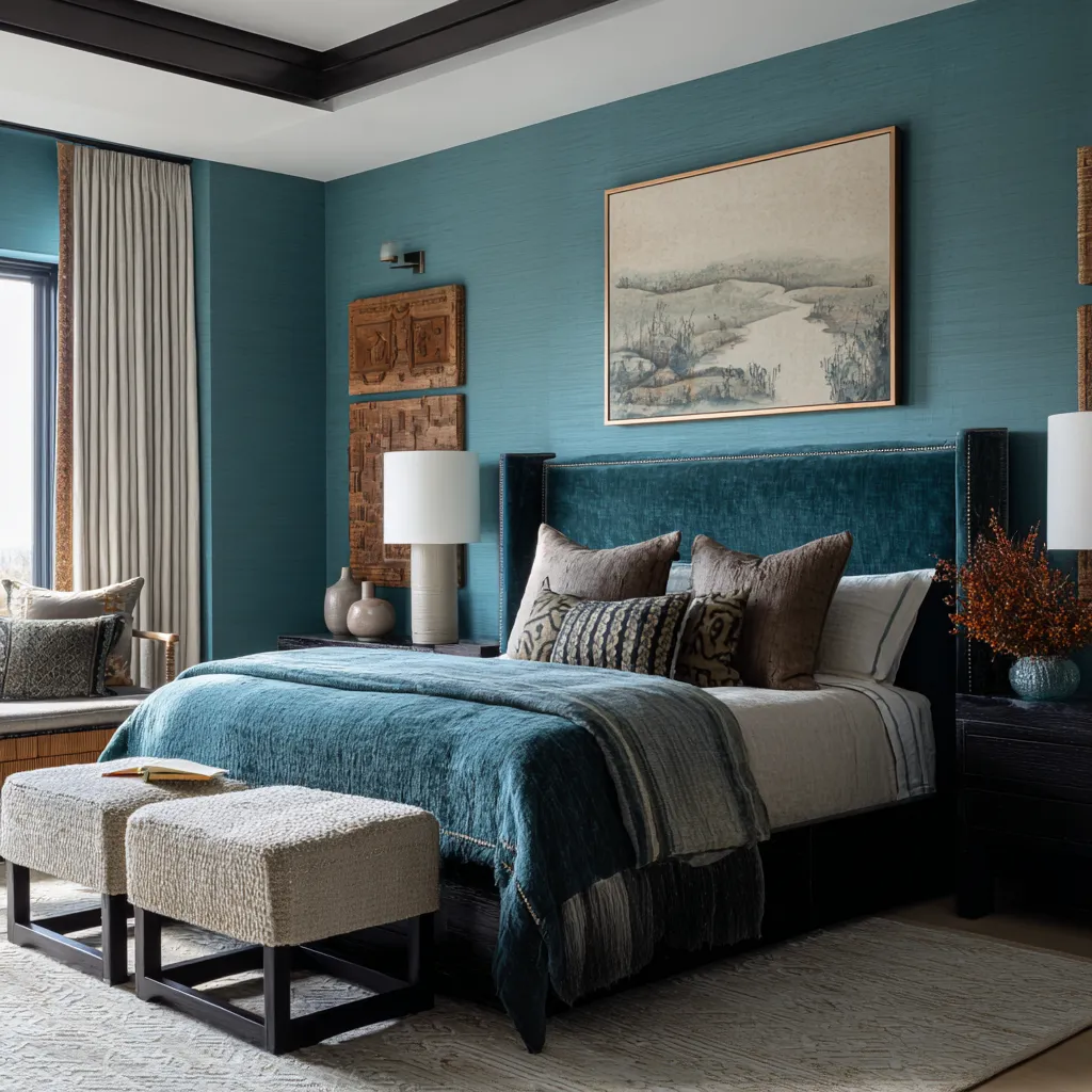a warm plastered wall eclectic bedroom ideas with an oversized blue-and-terracotta abstract painting, rust bedding with a blue lumbar pillow a warm plastered wall eclectic bedroom ideas with an oversized blue-and-terracotta abstract painting, rust bedding with a blue lumbar pillow