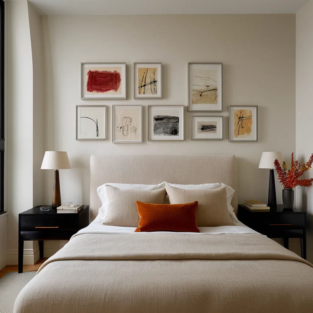 an expressive asymmetrical cluster of eight abstract framed works, including bold ochre, black brush marks, and one deep red accent over a neutral bed an expressive asymmetrical cluster of eight abstract framed works, including bold ochre, black brush marks, and one deep red accent over a neutral bed
