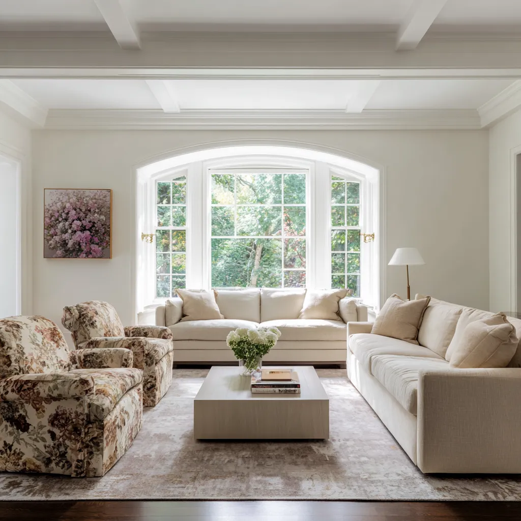 arched bay window, two plain cream sofas, floral armchairs, and a very refined formal composition based on symmetry, light, and pattern contrast arched bay window, two plain cream sofas, floral armchairs, and a very refined formal composition based on symmetry, light, and pattern contrast