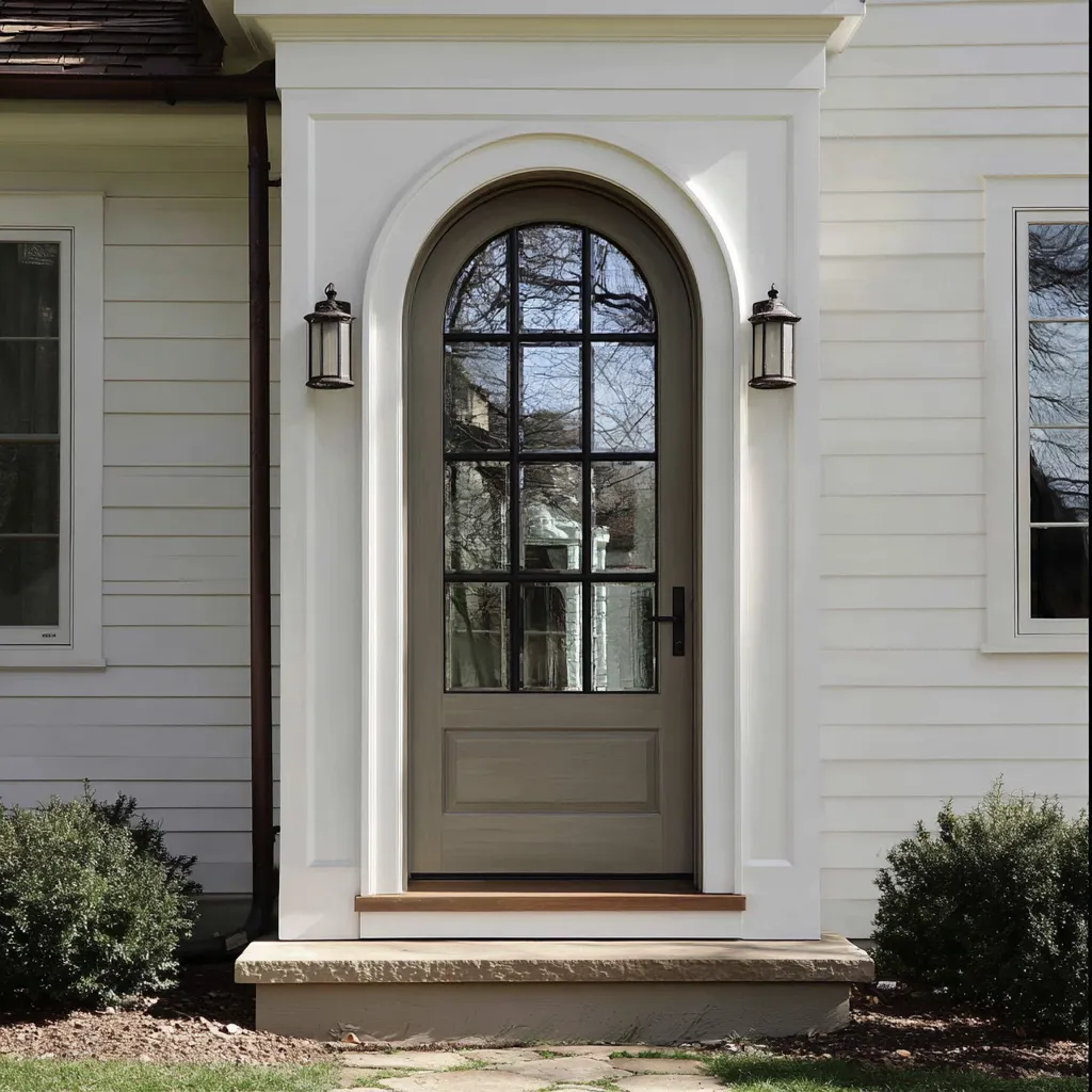 arched-top glazed front door with black muntins inside a tall white portal, creating a Cape main entry idea arched-top glazed front door with black muntins inside a tall white portal, creating a Cape main entry idea