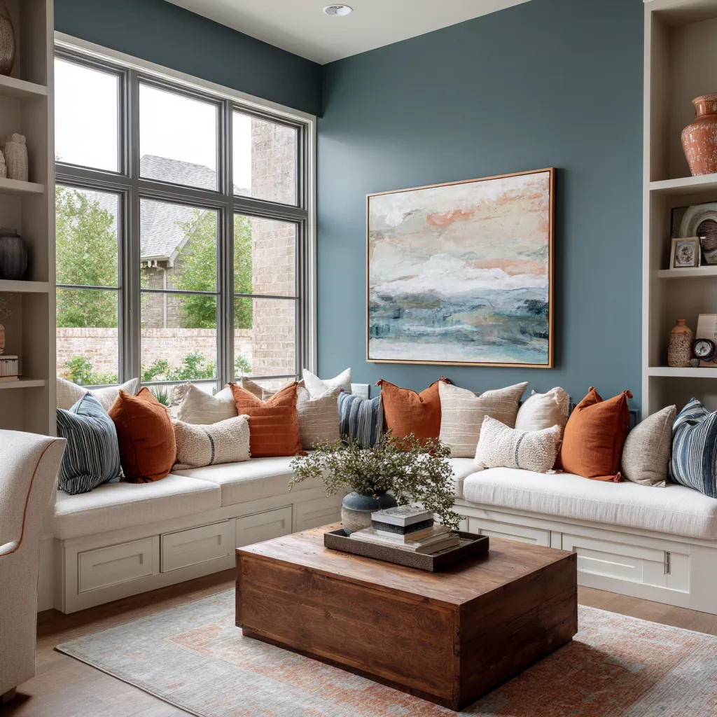 bay-window living room with built-in bench seating, large abstract art, dense rust and ivory pillow layering, white built-ins bay-window living room with built-in bench seating, large abstract art, dense rust and ivory pillow layering, white built-ins