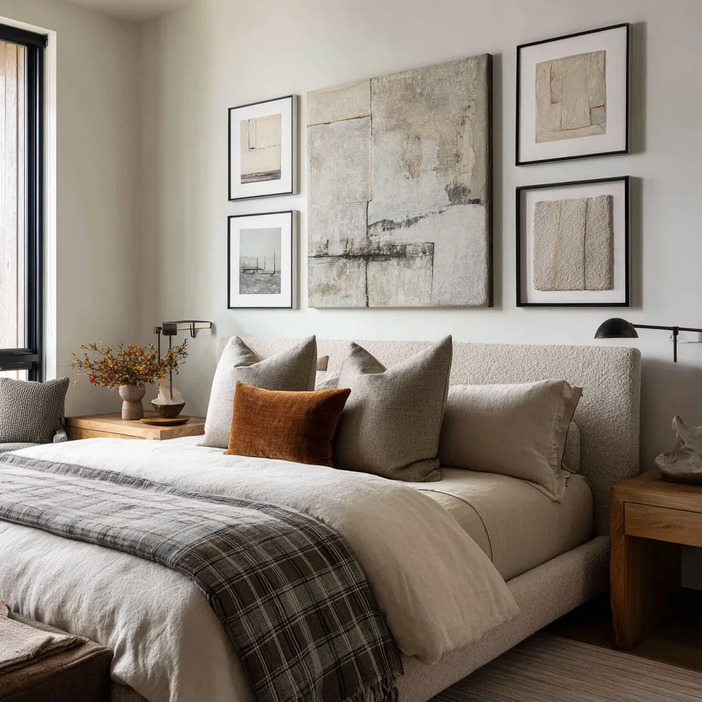 bed wall decor showing one large central abstract canvas with four smaller framed pieces around it bed wall decor showing one large central abstract canvas with four smaller framed pieces around it