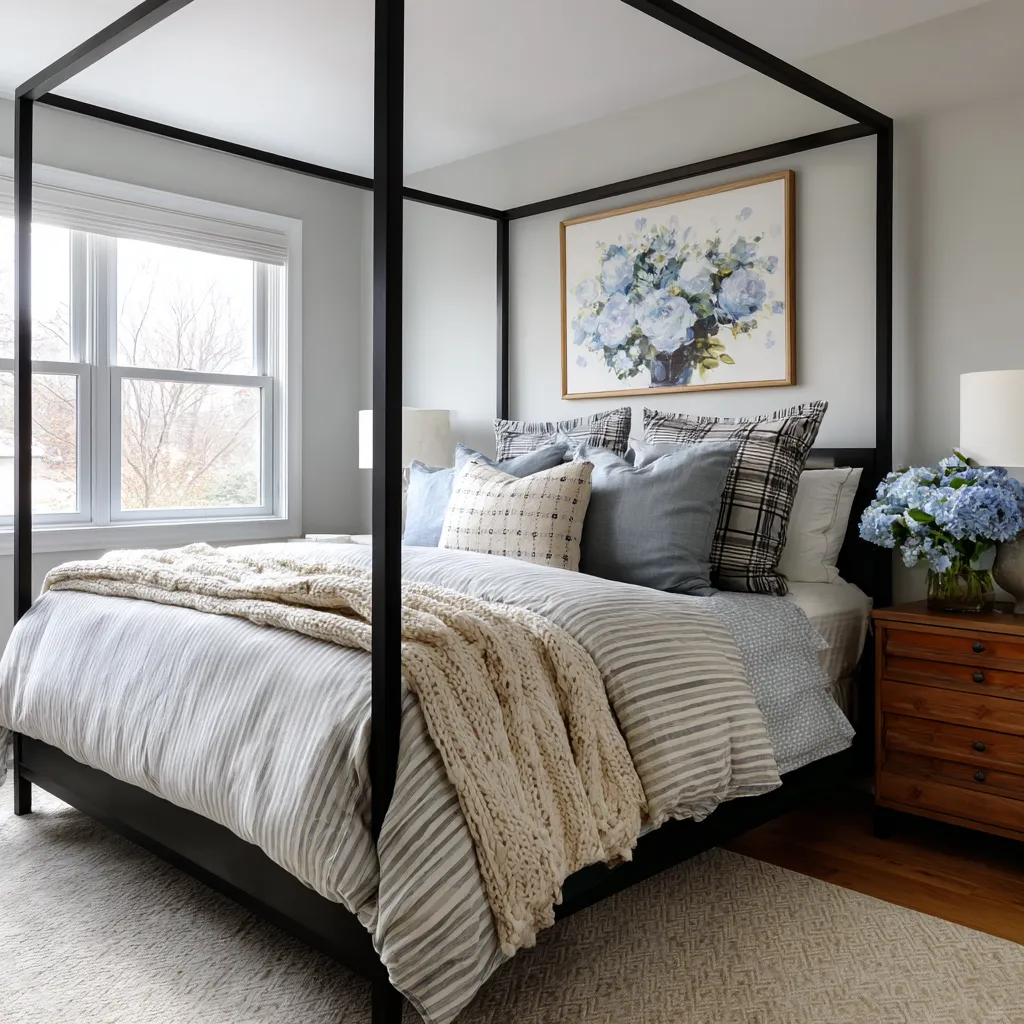 black four-poster bed, blue and cream layered bedding, plaid pillows, floral artwork, and a knitted throw