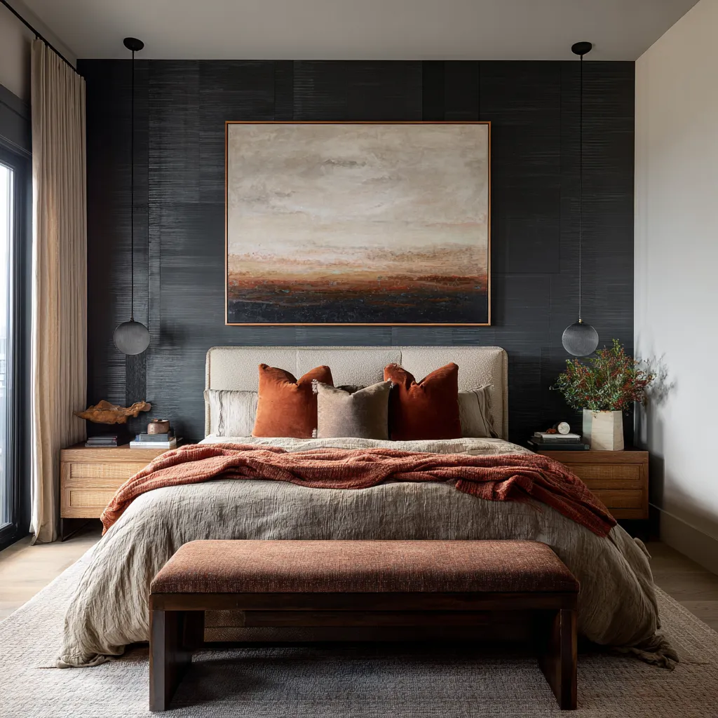 blackened textured wall bedroom ideas with a broad horizon-like abstract painting, a pale upholstered headboard, rust and earth-toned pillows blackened textured wall bedroom ideas with a broad horizon-like abstract painting, a pale upholstered headboard, rust and earth-toned pillows