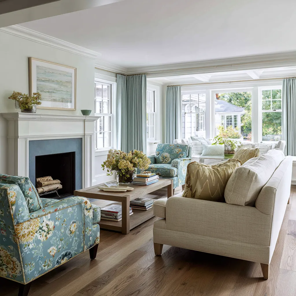 blue floral chairs, pale sofa, coastal-white fireplace, light wood table for a blue-and-cream grandmillennial room blue floral chairs, pale sofa, coastal-white fireplace, light wood table for a blue-and-cream grandmillennial room