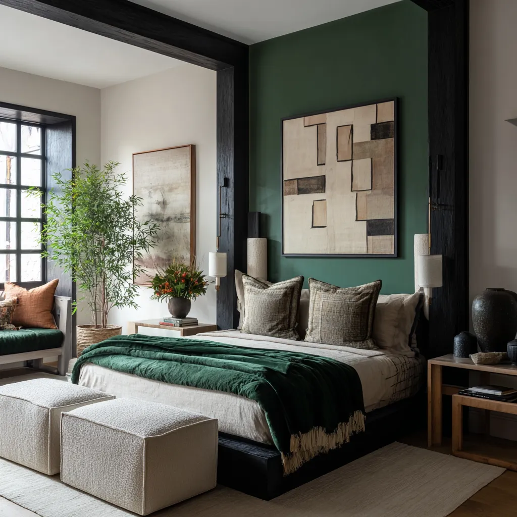 blue-gray upper wall bedroom, pale stone wainscot behind the bed, a large abstract stripe painting, rust pillows, a caramel leather bench blue-gray upper wall bedroom, pale stone wainscot behind the bed, a large abstract stripe painting, rust pillows, a caramel leather bench