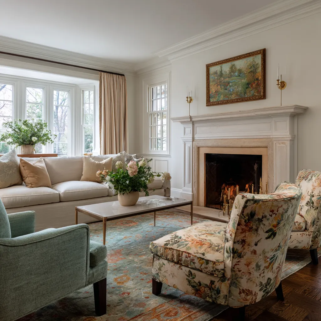 bright traditional shell, floral accent chairs, blue-green side chair, pale sofa, thin coffee table for a refined floral grandmillennial room bright traditional shell, floral accent chairs, blue-green side chair, pale sofa, thin coffee table for a refined floral grandmillennial room