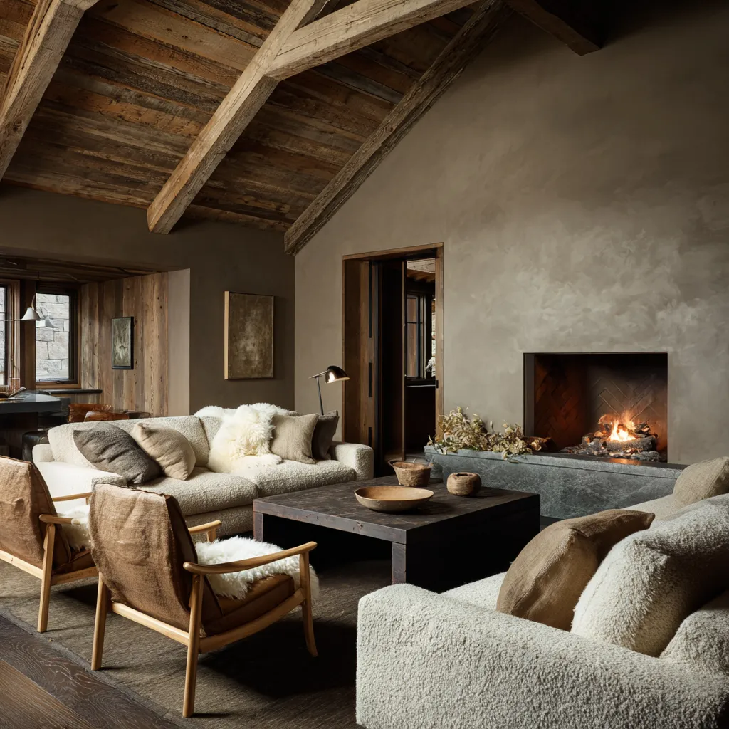 cabin-style rustic Scandinavian living room inspiration concept with a dark timber ceiling, heavy trusses, shadowy plaster walls cabin-style rustic Scandinavian living room inspiration concept with a dark timber ceiling, heavy trusses, shadowy plaster walls