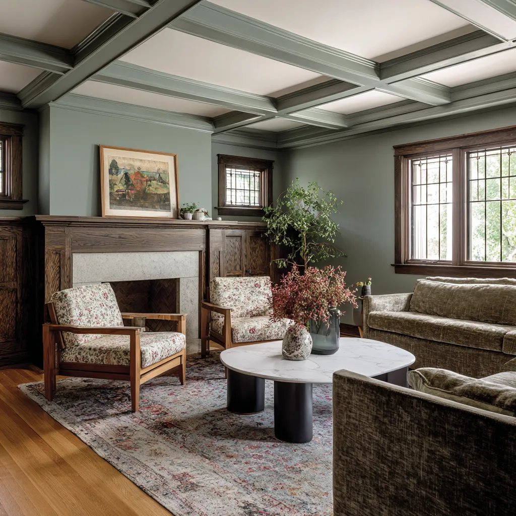 coffered ceiling, dark wood trim, arts-and-crafts gravity, floral accent chairs, and a grandmillennial room strengthened by heavier historical structure coffered ceiling, dark wood trim, arts-and-crafts gravity, floral accent chairs, and a grandmillennial room strengthened by heavier historical structure