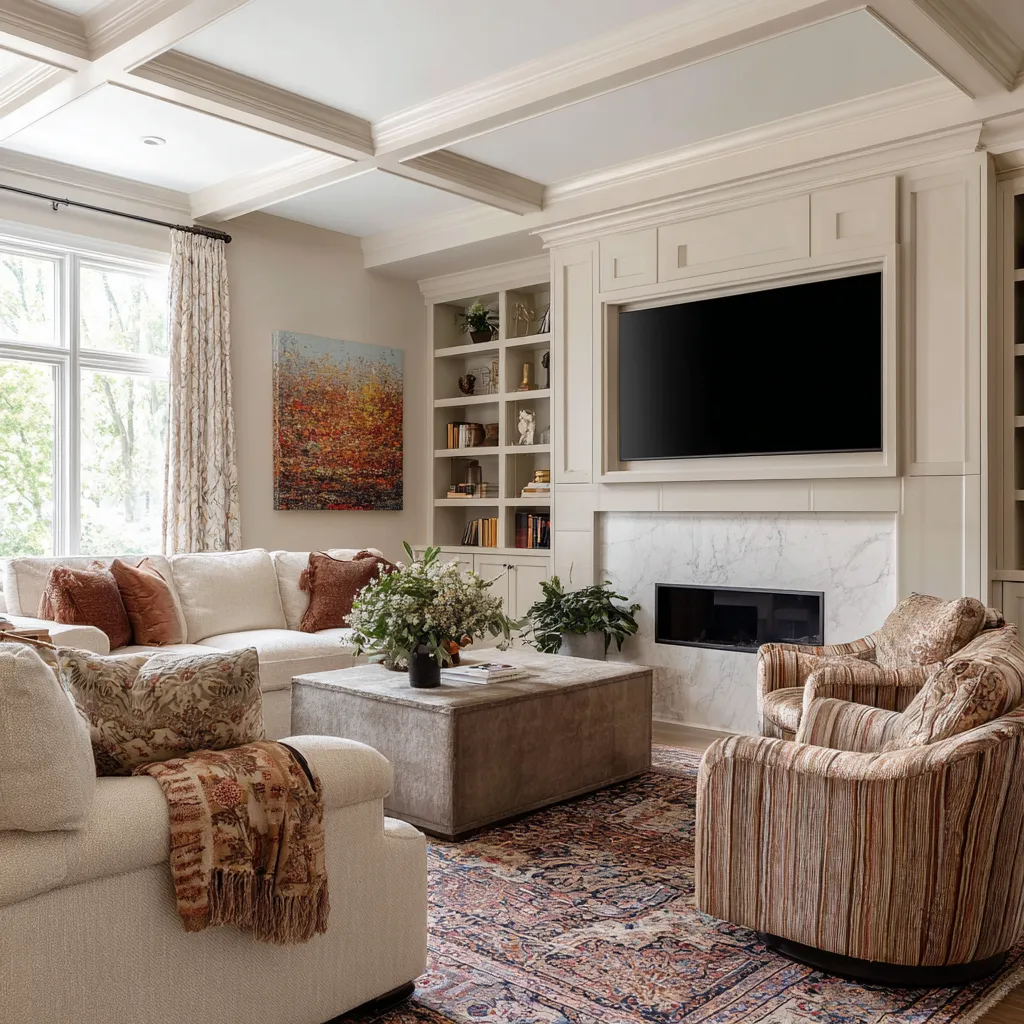 coffered ceiling, paneled media wall, marble fireplace, mixed traditional textiles, and a denser family-room version of grandmillennial coffered ceiling, paneled media wall, marble fireplace, mixed traditional textiles, and a denser family-room version of grandmillennial