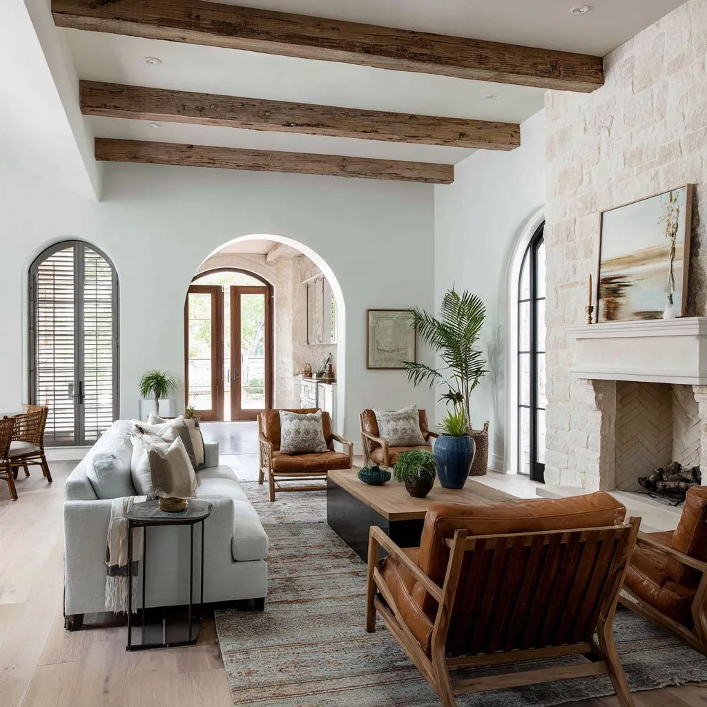 colonial style interior design concept in a hybrid stone-and-arch room with a pale sofa, leather and timber lounge chairs colonial style interior design concept in a hybrid stone-and-arch room with a pale sofa, leather and timber lounge chairs
