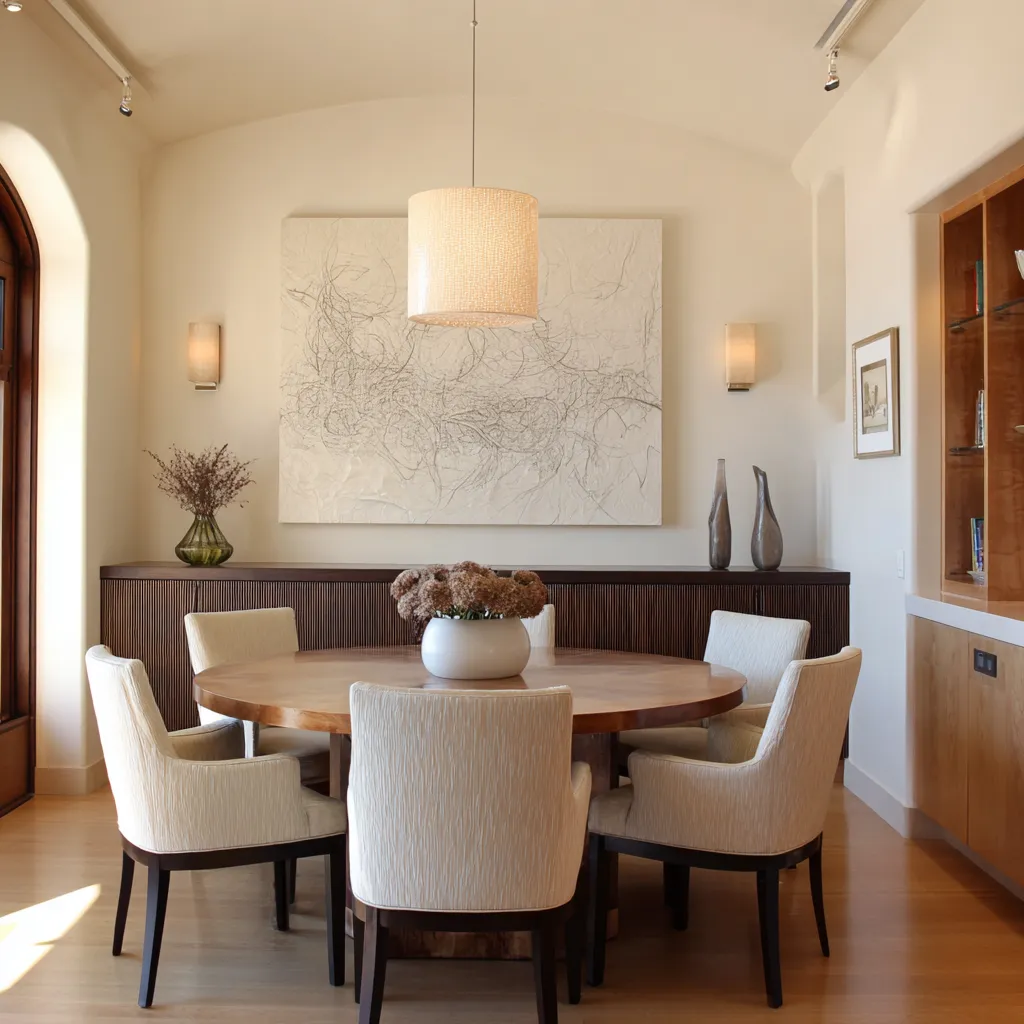 concept with a curved ceiling, centered pendant, dark ribbed credenza, pale abstract line artwork, round dining table concept with a curved ceiling, centered pendant, dark ribbed credenza, pale abstract line artwork, round dining table