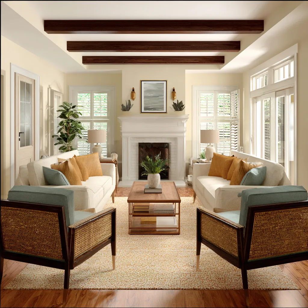 concept with heavy timber sofa arms, slab-like wood coffee table, sculptural plaster chimney, dark ceiling beams, woven accent chair concept with heavy timber sofa arms, slab-like wood coffee table, sculptural plaster chimney, dark ceiling beams, woven accent chair