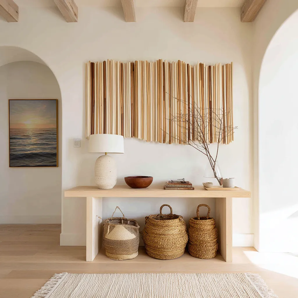 concept with large vertical wood rod wall installation, pale console, woven baskets, exposed beams, and warm natural design composition concept with large vertical wood rod wall installation, pale console, woven baskets, exposed beams, and warm natural design composition