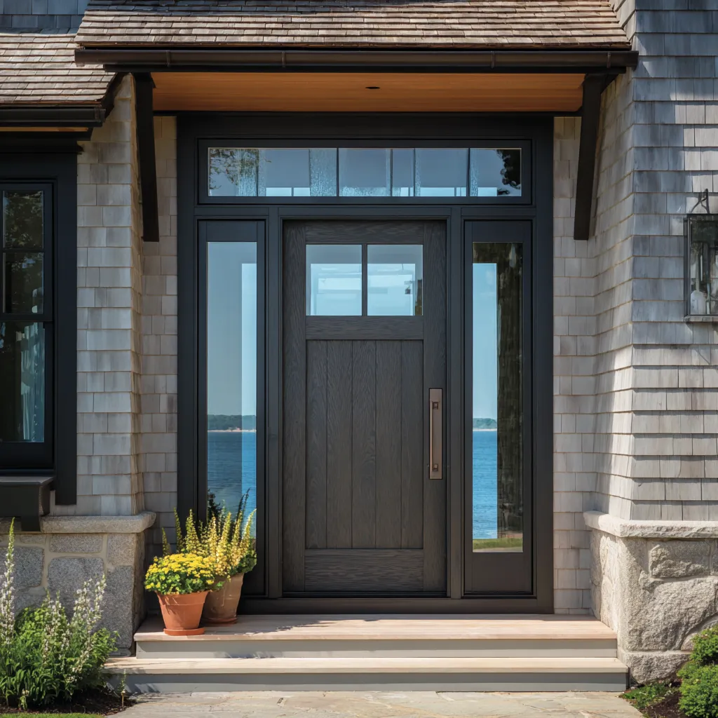 contemporary wood Cape Cod house style front door idea with top four-lite glass, black-framed sidelights and transom contemporary wood Cape Cod house style front door idea with top four-lite glass, black-framed sidelights and transom