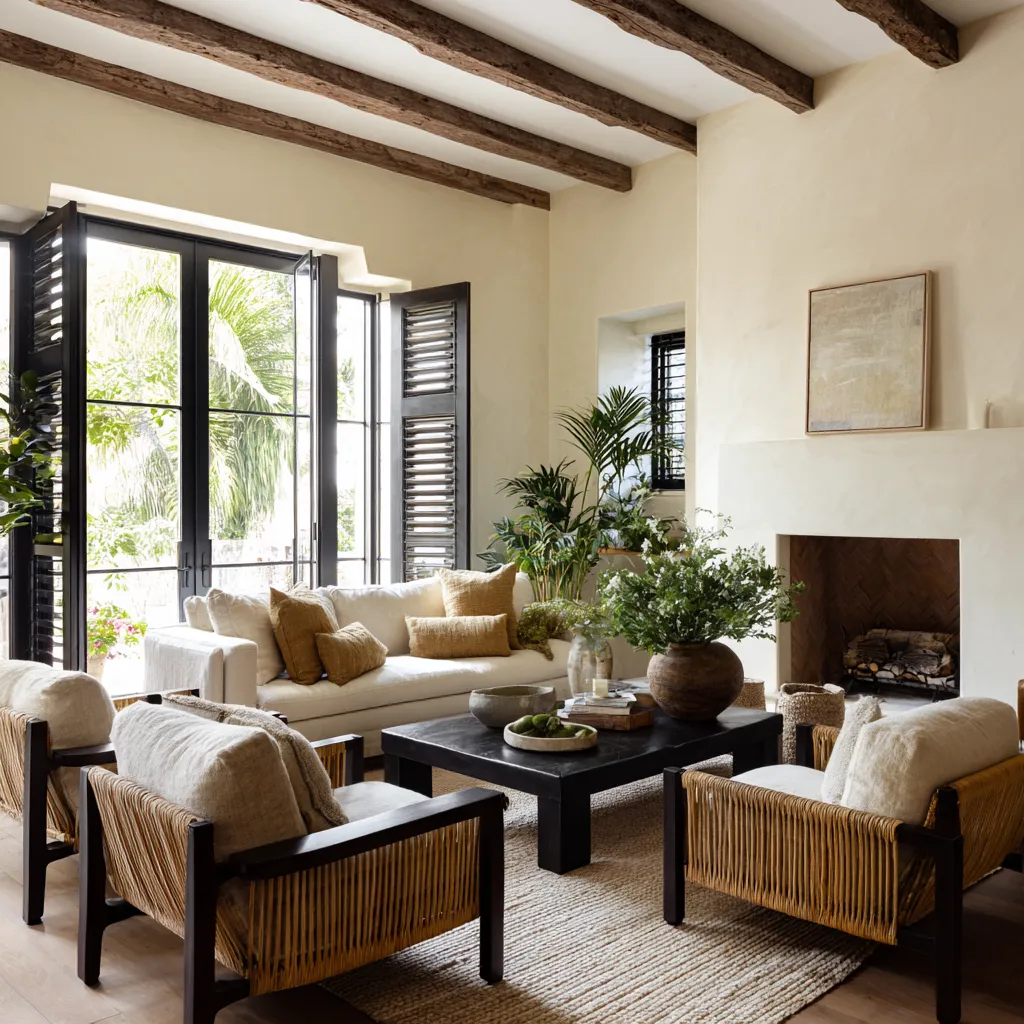 contrast between black-framed openings and pale walls, low dark central mass, and rope or cord-wrapped seating contrast between black-framed openings and pale walls, low dark central mass, and rope or cord-wrapped seating
