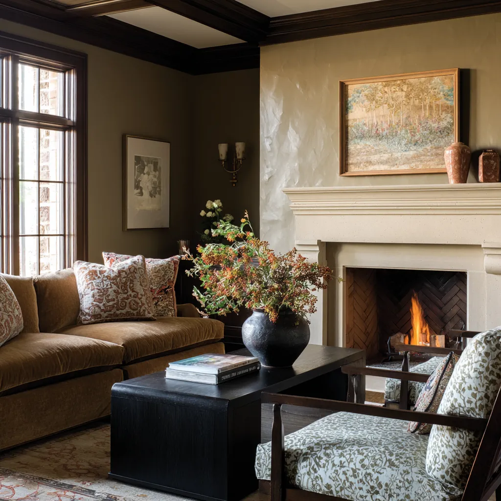 dark trim, warm plaster wall, stone fireplace, velvet-brown sofa, black table, and a richer grandmillennial room built through shadow and texture dark trim, warm plaster wall, stone fireplace, velvet-brown sofa, black table, and a richer grandmillennial room built through shadow and texture