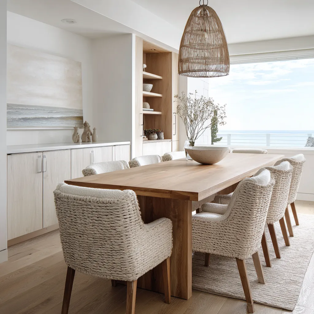 decorating idea with an ocean view, a tall woven pendant, textured rope-like dining chairs, dark wood table decorating idea with an ocean view, a tall woven pendant, textured rope-like dining chairs, dark wood table
