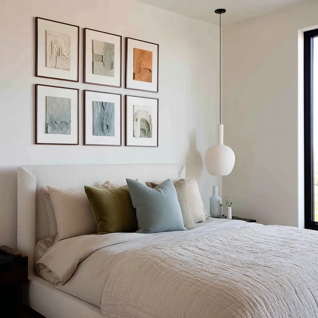 decorating ideas featuring a six-piece grid of textured relief artworks in cream, sage, blue-grey, and clay tones above a nubby upholstered headboard decorating ideas featuring a six-piece grid of textured relief artworks in cream, sage, blue-grey, and clay tones above a nubby upholstered headboard