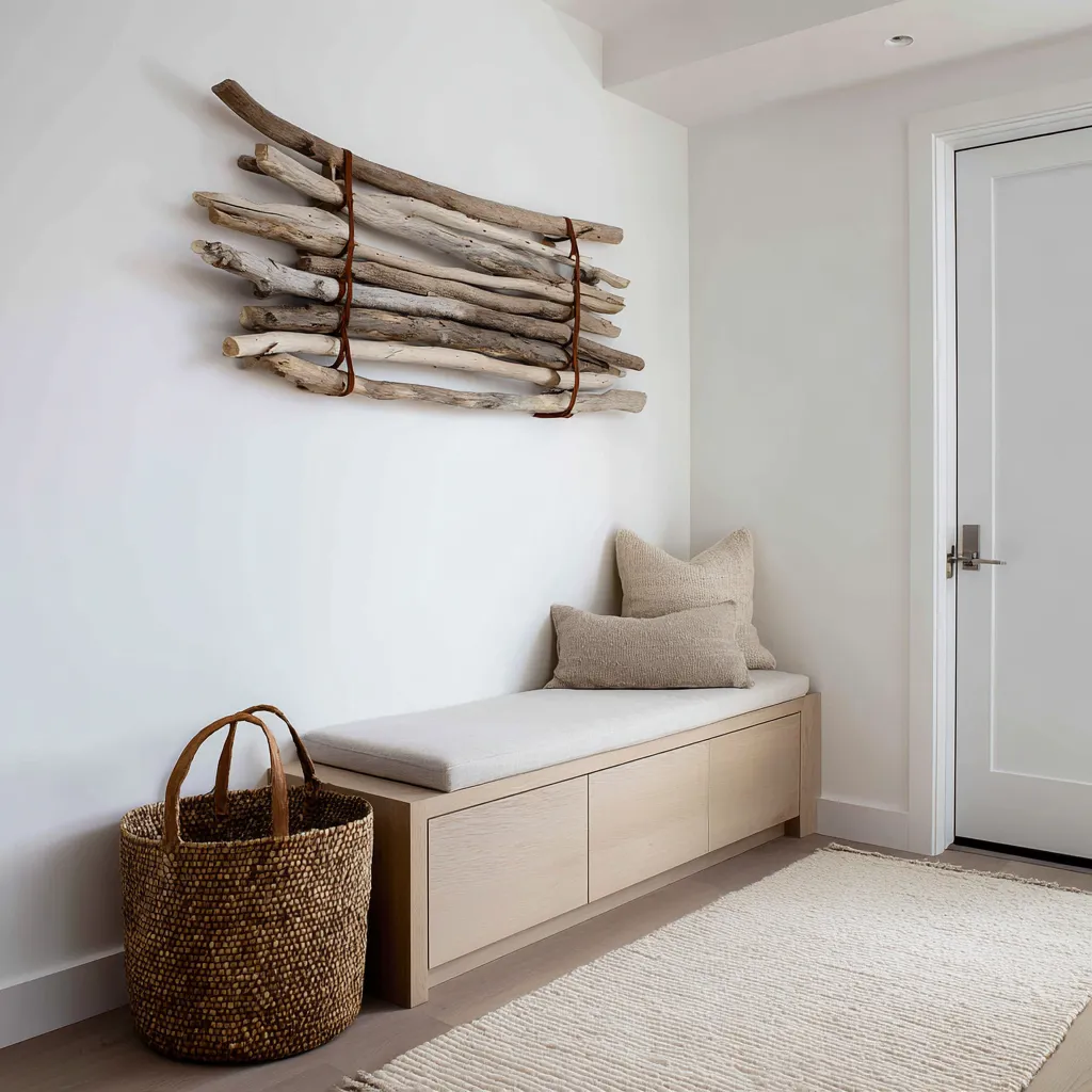 design concept with built-in bench, driftwood wall sculpture, woven basket, pale rug, and soft natural decoration ideas design concept with built-in bench, driftwood wall sculpture, woven basket, pale rug, and soft natural decoration ideas