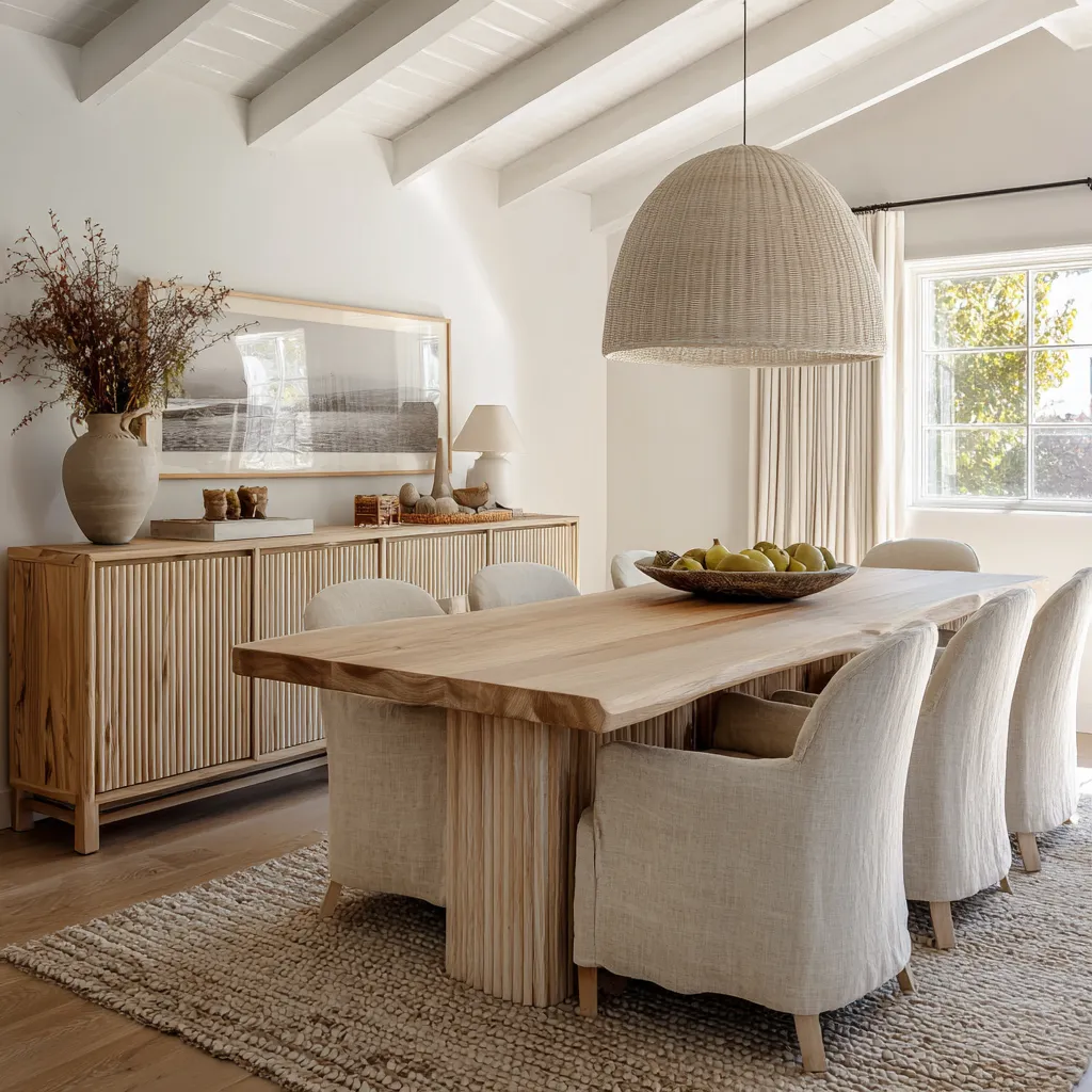 design concept with white ceiling beams, a large woven pendant, pale wood table, slatted credenza, monochrome shoreline artwork design concept with white ceiling beams, a large woven pendant, pale wood table, slatted credenza, monochrome shoreline artwork