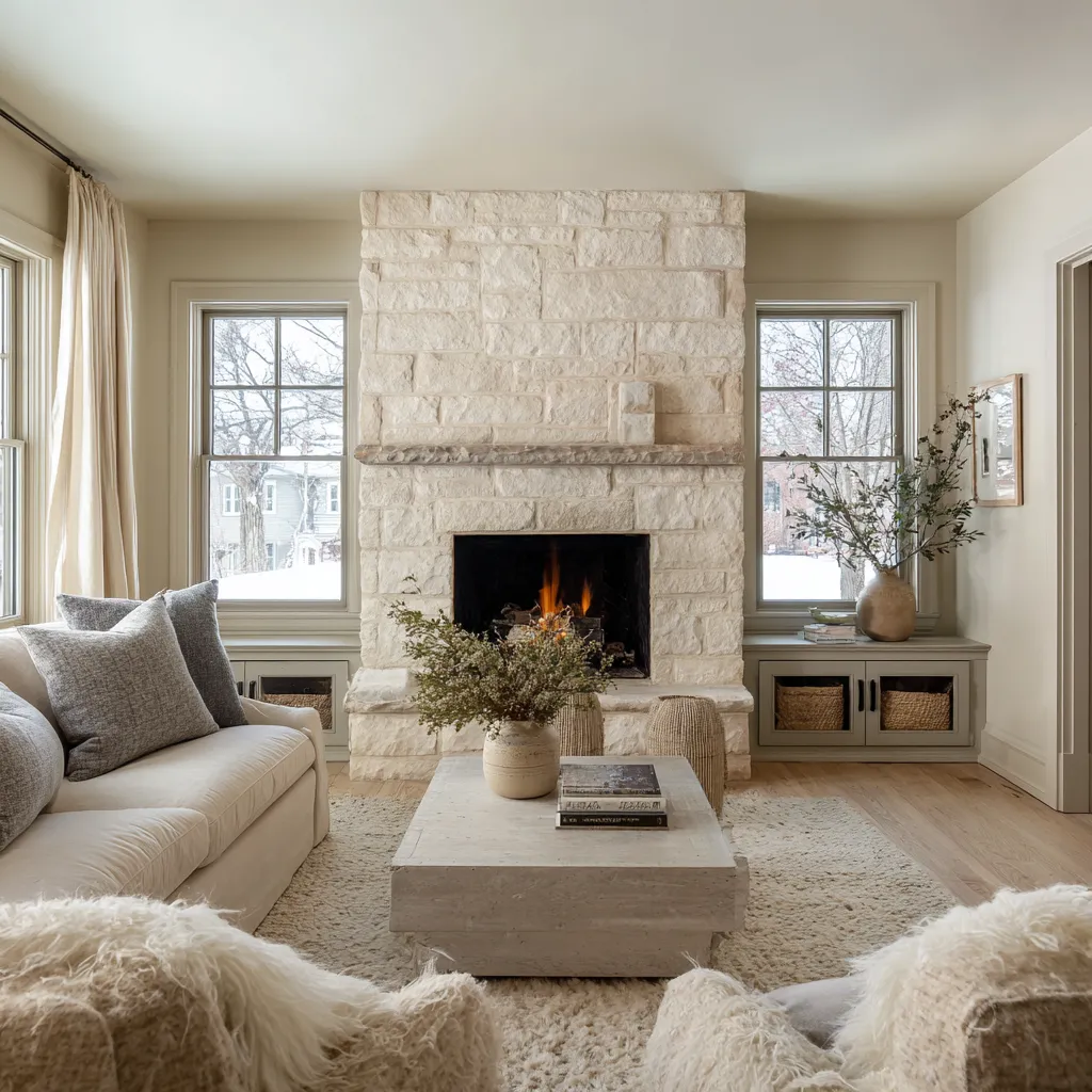 design inspiration for a fireplace-between-windows living room with large pale stone chimney, built-ins design inspiration for a fireplace-between-windows living room with large pale stone chimney, built-ins