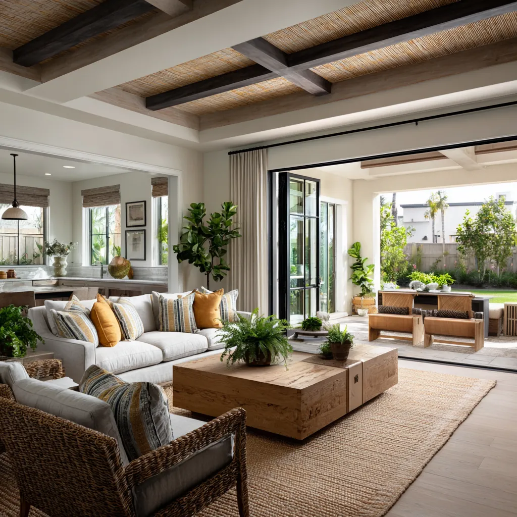 design inspiration in Tropical British colonial style for an open-plan family room with a beam-and-reed ceiling design inspiration in Tropical British colonial style for an open-plan family room with a beam-and-reed ceiling