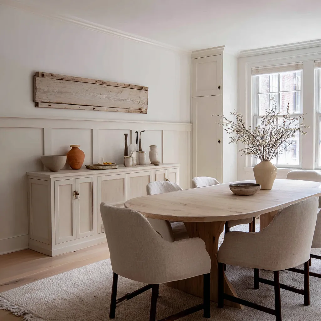 dining room decorating idea with a weathered salvaged wood plank above a pale sideboard, rounded pale oak table dining room decorating idea with a weathered salvaged wood plank above a pale sideboard, rounded pale oak table