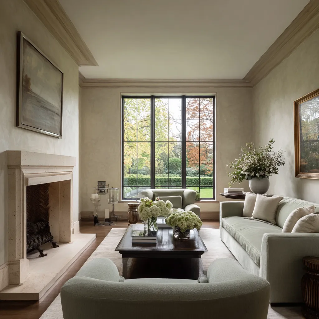 drawing room idea with a garden-facing window, side-wall fireplace, soft green seating drawing room idea with a garden-facing window, side-wall fireplace, soft green seating