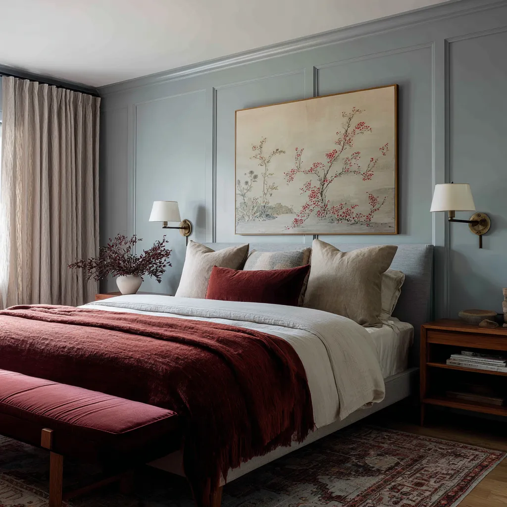 dusty blue wall paneling bedroom ideas with a centered botanical painting of red blossoms, a pale upholstered bed dusty blue wall paneling bedroom ideas with a centered botanical painting of red blossoms, a pale upholstered bed
