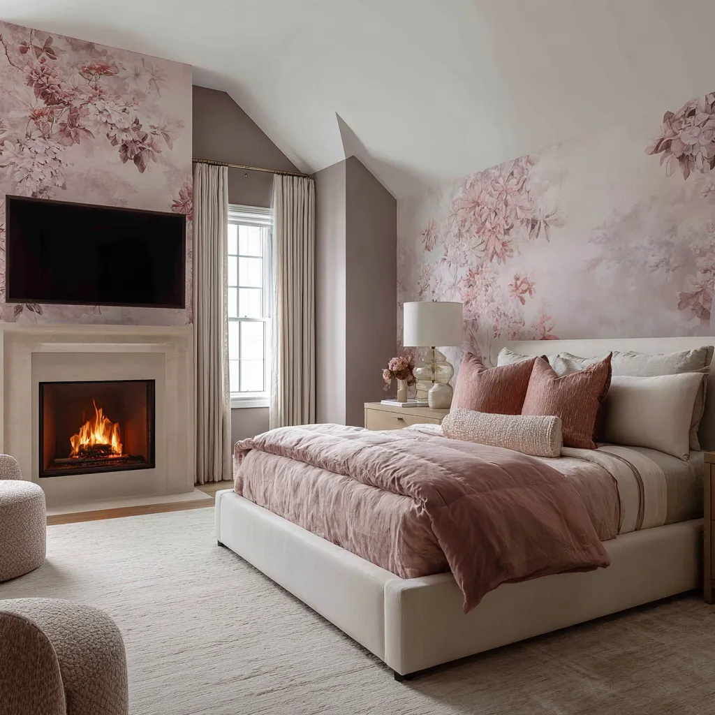 dusty mauve pink, pearl cream, soft taupe, ivory stone, and muted floral blush producing a bedroom design dusty mauve pink, pearl cream, soft taupe, ivory stone, and muted floral blush producing a bedroom design