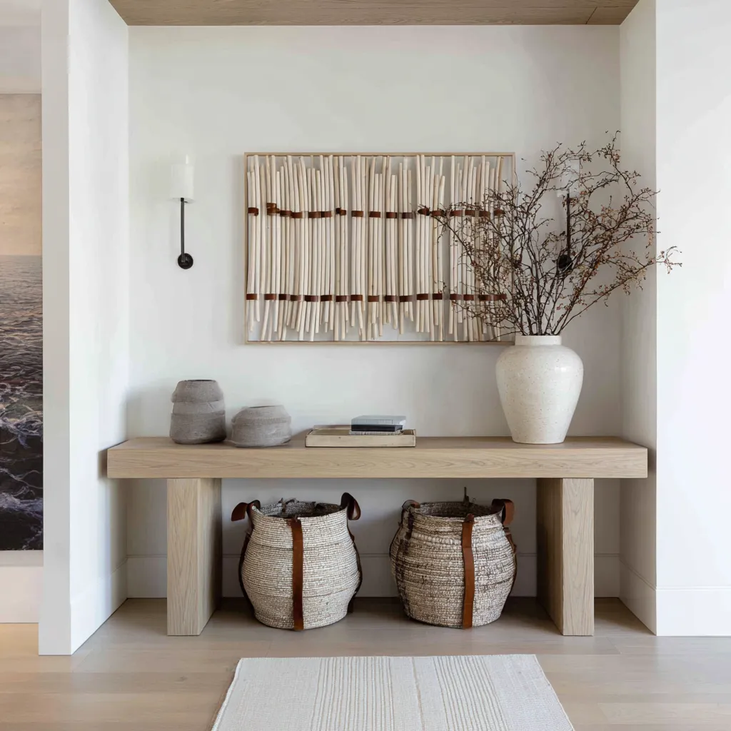 entryway ideas with recessed wall niche, reed-inspired artwork, warm wood ceiling, woven baskets, and quiet beach theme entryway design styling entryway ideas with recessed wall niche, reed-inspired artwork, warm wood ceiling, woven baskets, and quiet beach theme entryway design styling