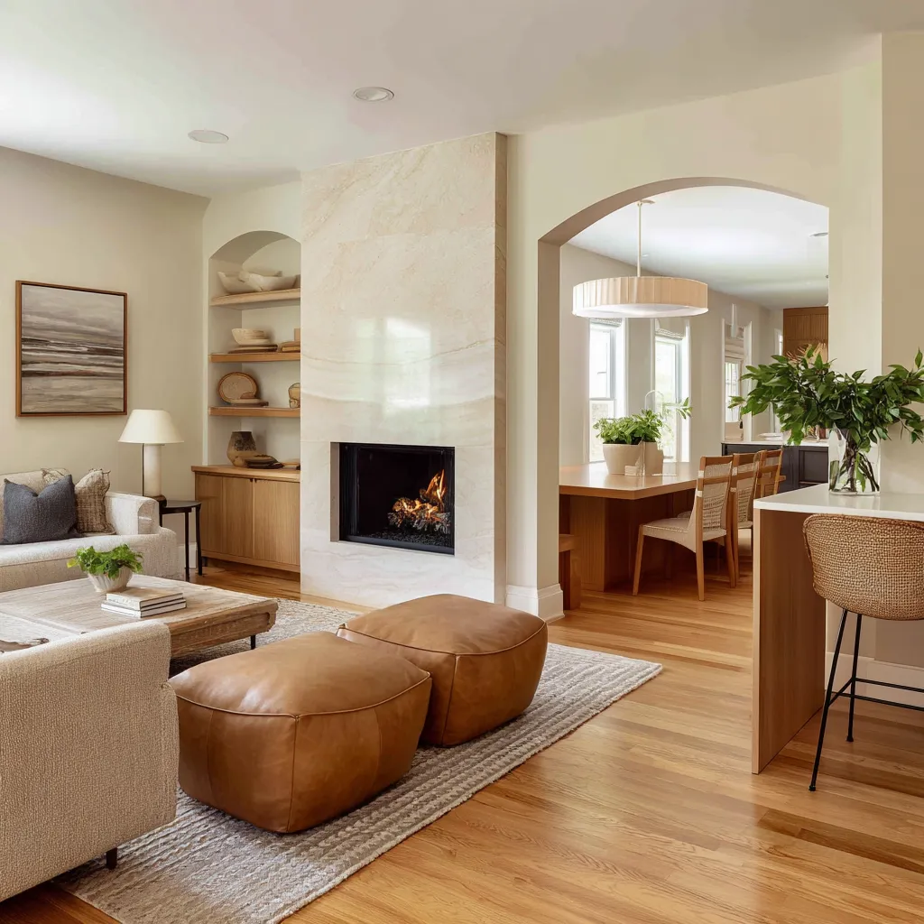 family room concept with a smooth pale stone fireplace slab, soft arches, leather ottomans, built-in shelving niche family room concept with a smooth pale stone fireplace slab, soft arches, leather ottomans, built-in shelving niche