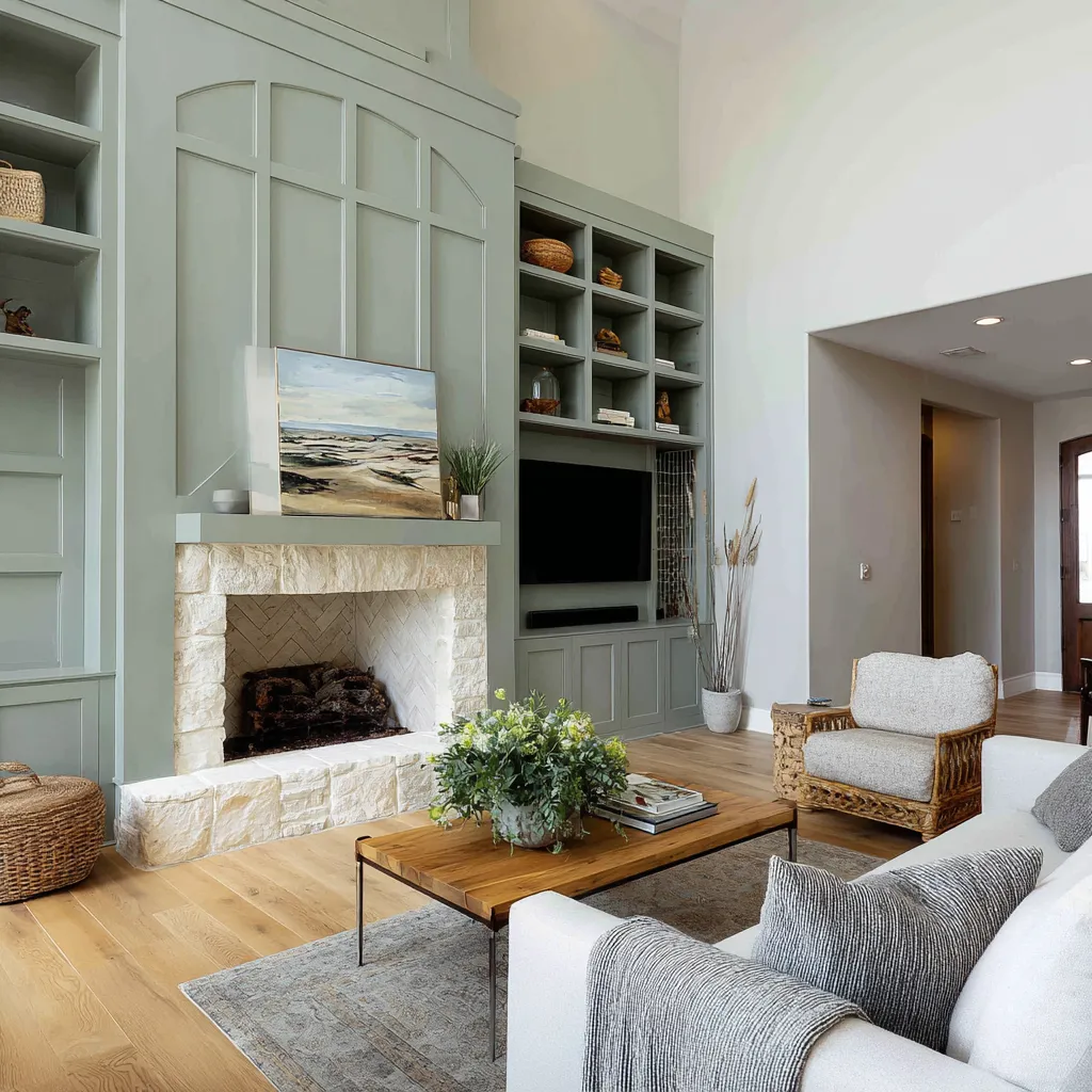 family room interior design ideas with Norwegian-inspired feeling with tall sage-green paneled fireplace-media wall family room interior design ideas with Norwegian-inspired feeling with tall sage-green paneled fireplace-media wall