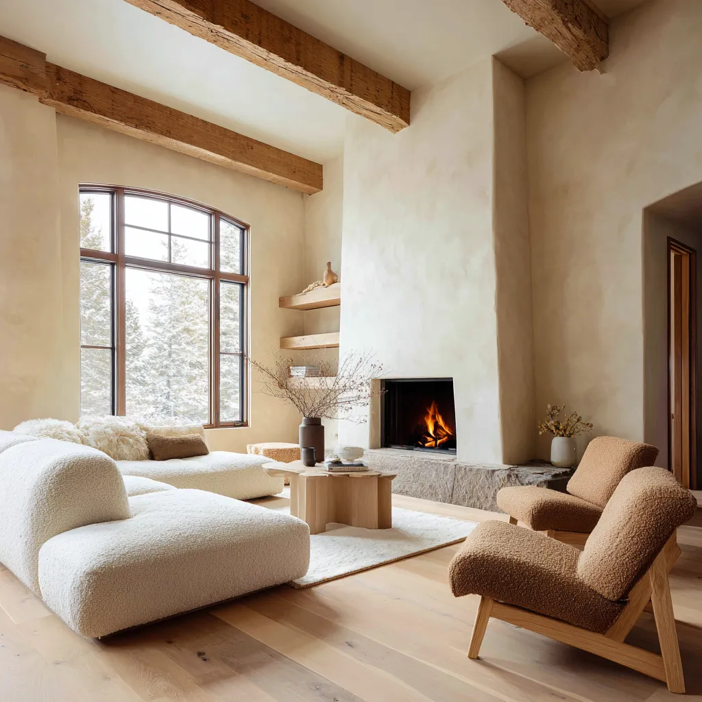 fresh rustic Nordic living room with exposed beams, a tall plaster fireplace, arched window fresh rustic Nordic living room with exposed beams, a tall plaster fireplace, arched window