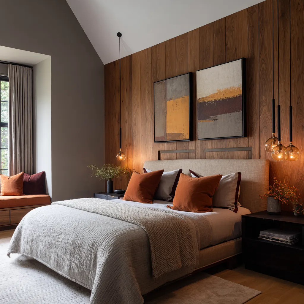 full walnut plank wall, sloped ceiling, amber glass pendants, blocky abstract art, and rust-toned bed styling full walnut plank wall, sloped ceiling, amber glass pendants, blocky abstract art, and rust-toned bed styling