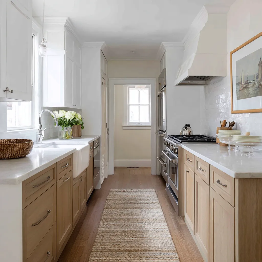 galley modern Cape Cod kitchen design with two-tone cabinetry, apron-front sink, glossy white backsplash galley modern Cape Cod kitchen design with two-tone cabinetry, apron-front sink, glossy white backsplash