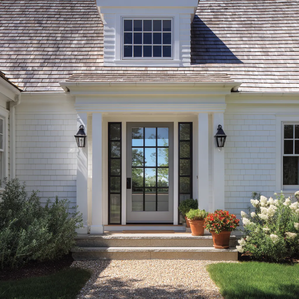 glass-rich main door with black muntins and slim dark sidelights under a white portico for a Cape front entry design composition glass-rich main door with black muntins and slim dark sidelights under a white portico for a Cape front entry design composition